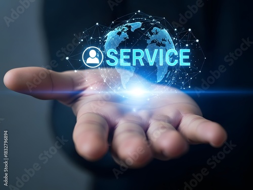 Person presenting service concept with glowing globe and network connection