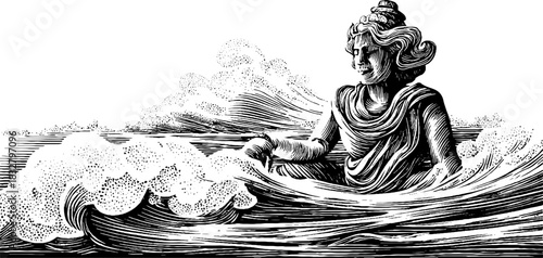 Vintage engraving of river deity with flowing waves for decorative design