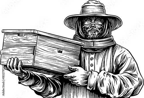 Vintage rural beekeeper holding hive box in decorative engraved illustration for design