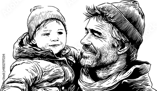 Charming rural scene of father lifting child in engraved style for vintage design