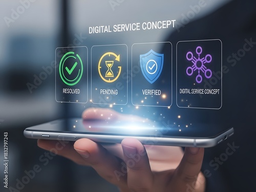 Smartphone displays digital service icons depicting various process stages