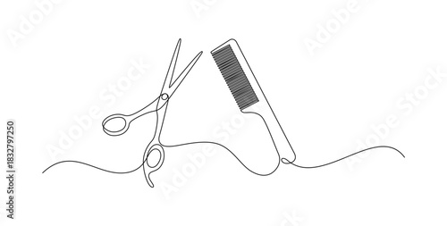 Continuous line drawing of scissor and comb. Hair cut and barbershop aesthetic logo.