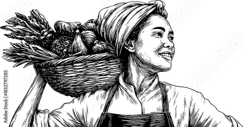 Vintage engraving of a rural woman carrying a basket of produce