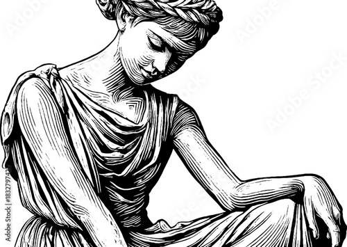 Engraved decorative illustration of a seated female statue in classical style