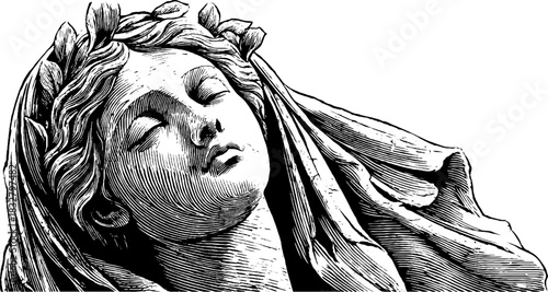Serene goddess statue engraving in vintage decorative style for design and art projects