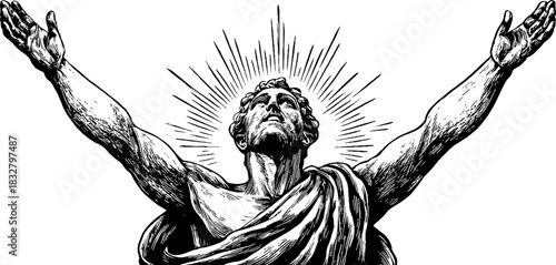 Engraved illustration of sky deity in uplifting pose for decorative designs