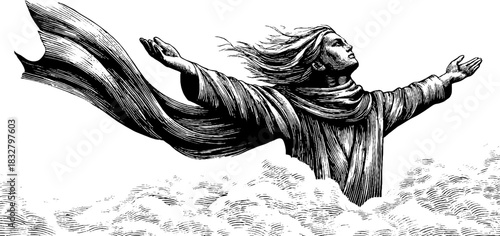 Engraved decorative illustration of a storm deity figure with flowing robes, arms raised