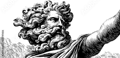 Engraved illustration of storm spirit with swirling hair and beard
