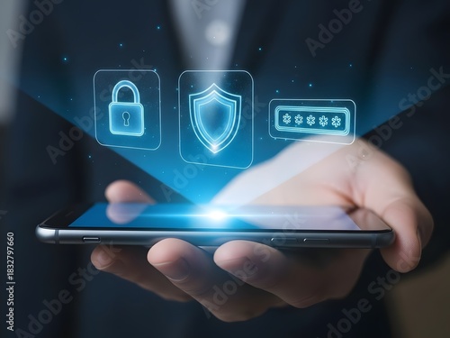 Smartphone security concept with digital icons of lock shield and password