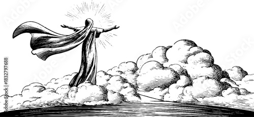 Symbolic sky guardian: vintage engraved illustration of a celestial figure in clouds