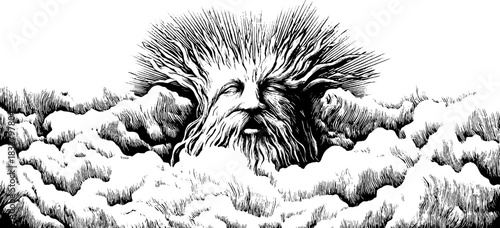 Engraved decorative illustration of a wandering frost spirit in vintage style