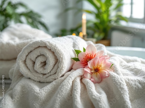 Rolled white towel and flower in bathroom scene