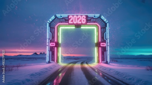 Futuristic portal neon gate on desert landscape at dusk