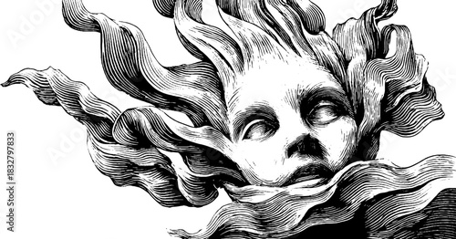 Vintage engraving of water spirit figure in decorative hand-drawn style