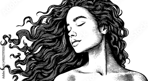 Vintage engraved illustration of serene water deity with flowing hair for artistic decor