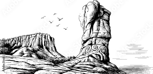 Windswept cliff monument with birds, decorative engraving design for nature art