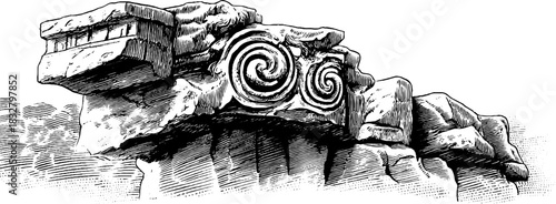 Vintage engraved illustration of windswept cliff monument with decorative spirals