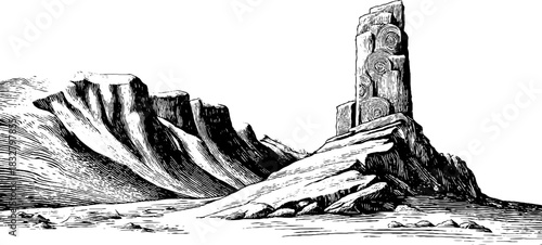 Vintage engraving of a windswept cliff monument with ornamental details