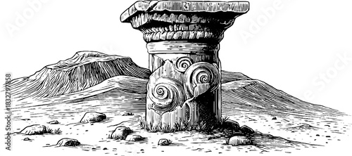 Engraved decorative shrine in windswept desert landscape for design and print