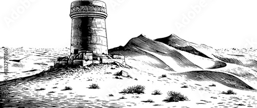 Intricate engraved desert shrine in windswept landscape