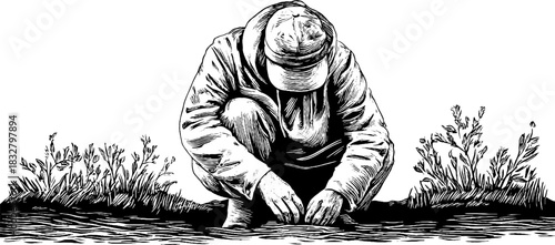 Vintage woodland recluse: hand-drawn engraved illustration of a solitary figure in nature