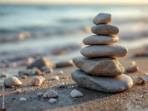 Stacked stones on beach at dusk