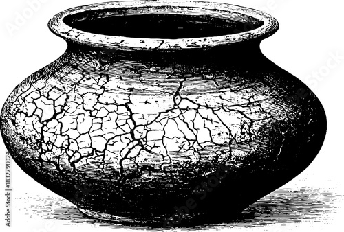 Ancient clay water pot engraving illustration for vintage decor and design
