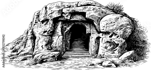 Ancient cliffside dwelling engraving: vintage hand-drawn illustration for design