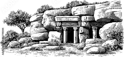 Ancient cliffside dwelling engraving – decorative illustration for historical design