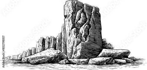 Ancient cracked stone in engraved decorative style - timeless nature scene for artistic design