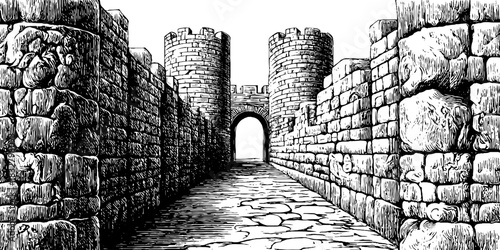 Engraved illustration of ancient fortress corridor for historical design