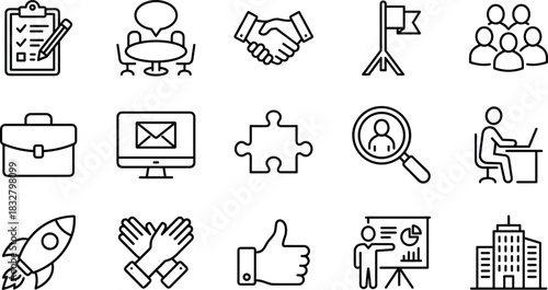 Business Teamwork and Management Outline Icon Set Success, Strategy, Partnership, Innovation, Meeting, Corporate Growth, and Connection Symbol Collection