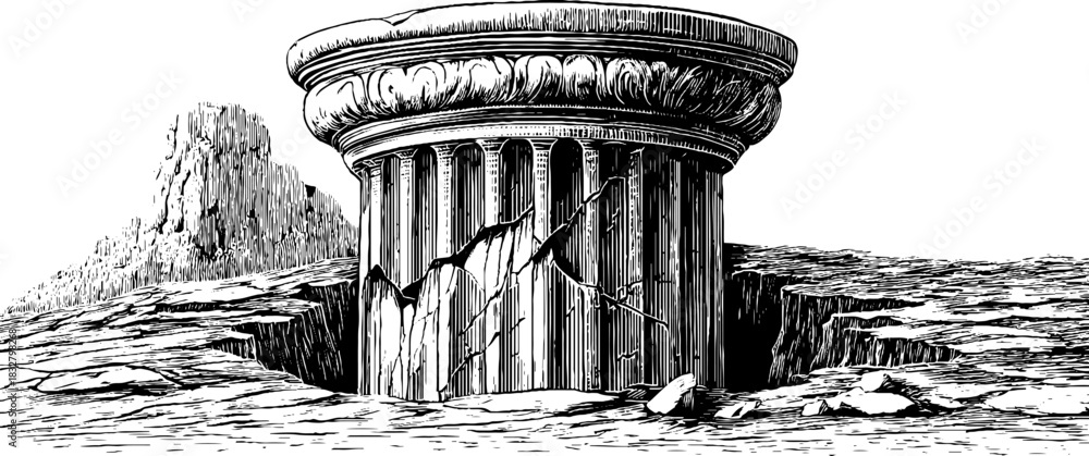 Fototapeta premium Ancient stone column silhouette: engraved decorative illustration for historical design