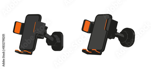 Two views of an adjustable black and orange car phone holder for smartphones, featuring a secure mounting base.