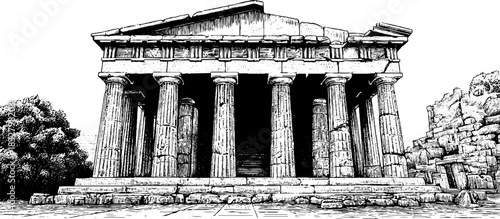 Ancient stepped temple engraving - decorative vintage illustration for historical design