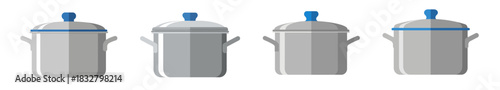 Four identical cooking pots with lids and handles, arranged horizontally, each with a different design.