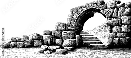 Engraved decorative illustration ancient archway stone vintage sketch hand drawn.
