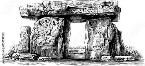 Ancient stone chamber engraving - decorative historical design for art and display