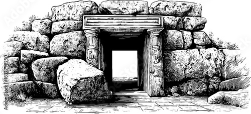 Ancient stone chamber entrance with decorative engravings