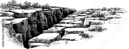 Ancient stone drainage engraving - decorative hand drawn illustration for historical design
