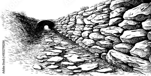 Ancient stone drainage system engraving for historical design