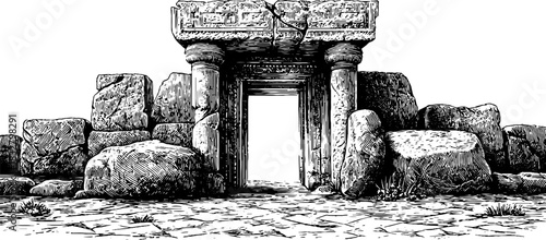 Ancient stone gateway engraving - decorative illustration for historical and architectural design