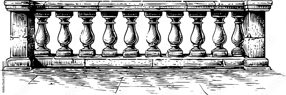 Fototapeta premium Ancient stone terrace sketch - detailed decorative engraving for classic design