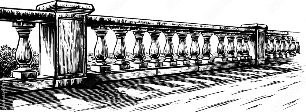 Fototapeta premium Ancient stone terrace with decorative engraved balustrade - hand drawn illustration for design projects