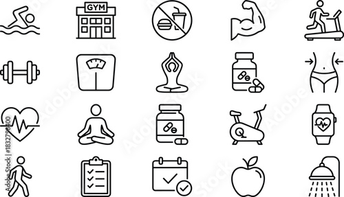Fitness and Health Outline Icon Set Gym, Exercise, Workout, Diet, Sports, Wellness, Supplements, and Healthy Lifestyle Symbol Collection