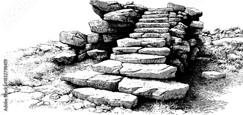 Vintage engraving of ancient stone staircase with decorative elements for retro design