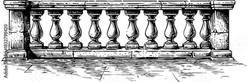 Ancient stone terrace sketch - detailed decorative engraving for classic design