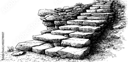 Intricate engraving of an ancient stone staircase - vintage decorative design