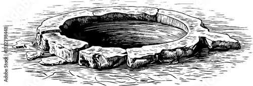 Ancient stone well design - engraved decorative illustration for vintage projects