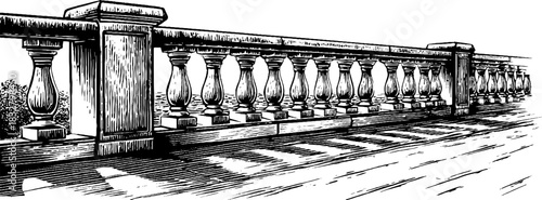 Ancient stone terrace with decorative engraved balustrade - hand drawn illustration for design projects